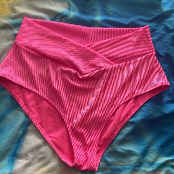 Striped Black and White Bikini Top with Pink Aerie High-Waist Bottom Set - Picture 2 of 14